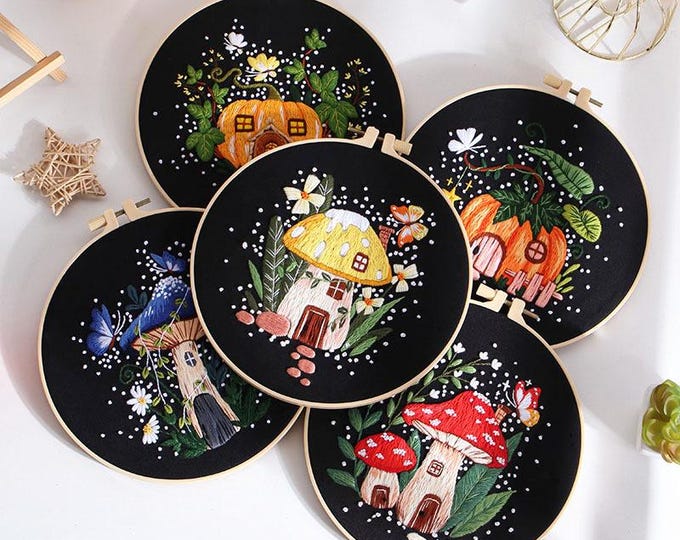 Embroidery Kit For Beginner| Modern Crewel Embroidery Kit with Pattern| Embroidery Hoop |Craft Materials Included Full DIY KIT | Mushrooms