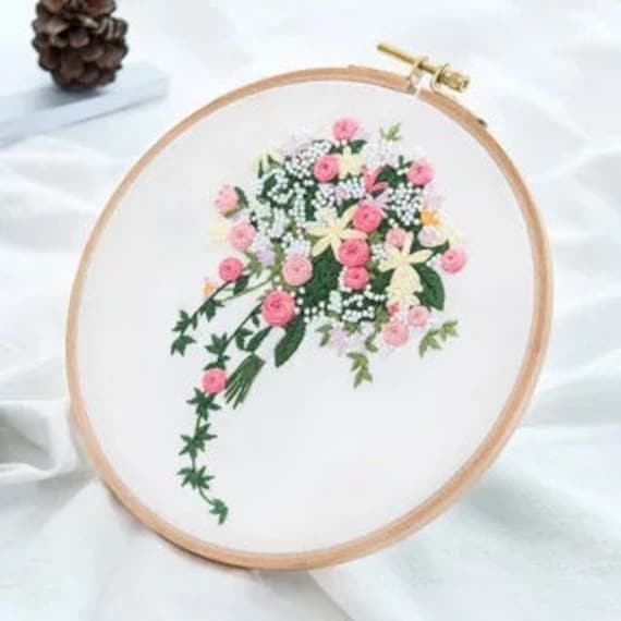 Kraftex Cross Stitch Kits for Beginners (Flower Theme - 6.75 inch - 4 Pack 1 x Embroidery Hoop) DIY Embroidery Needlepoint Patterns F