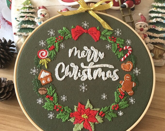 Christmas Embroidery Full Kit for Beginners | DIY Craft Kit Adult| Christmas Hand Embroidery Supplies | DIY Hoop Art | Christmas Ornament