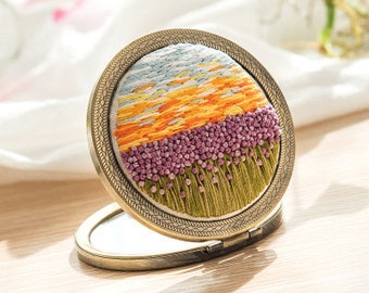 Mirror Embroidery Kit For Beginner | Modern Crewel Embroidery Kit with Pattern | Floral Compacts Mirrors | Needlepoint Hoop| DIY Craft Kit