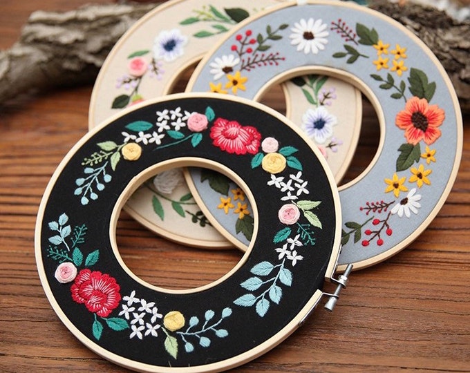 Embroidery Kit For Beginner| Modern Embroidery Kit with Pattern| Embroidery Full Kit with Needlepoint Hoop| DIY Craft Kit Double Hoops