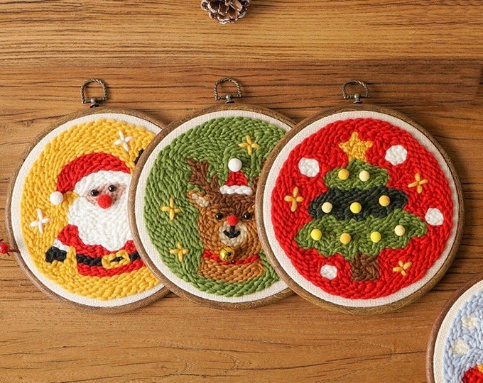 Christmas Punch Needles Start Kit/ Beginner Punch Needle Kit with Adjustable Punch Needle/ Punch Needle Kit with Yarn/All Materials Included