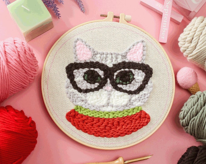 Cat Punch Needles Start Kit / Beginner Punch Needle Kit with Punch Needle / Punch Needle Kit with Yarn / All Materials Included