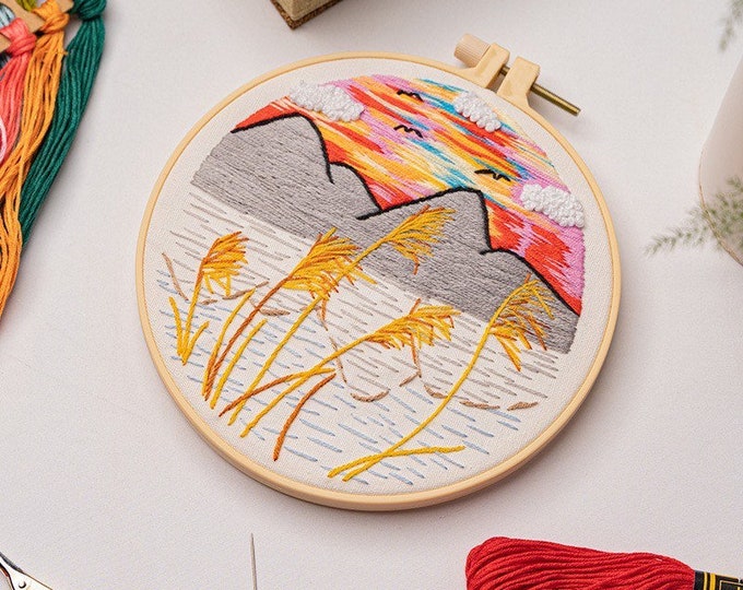 Embroidery Kit For Beginner| Modern Crewel Embroidery Kit with Pattern| Embroidery Hoop Plants | Full Embroidery DIY KIT | Landscape