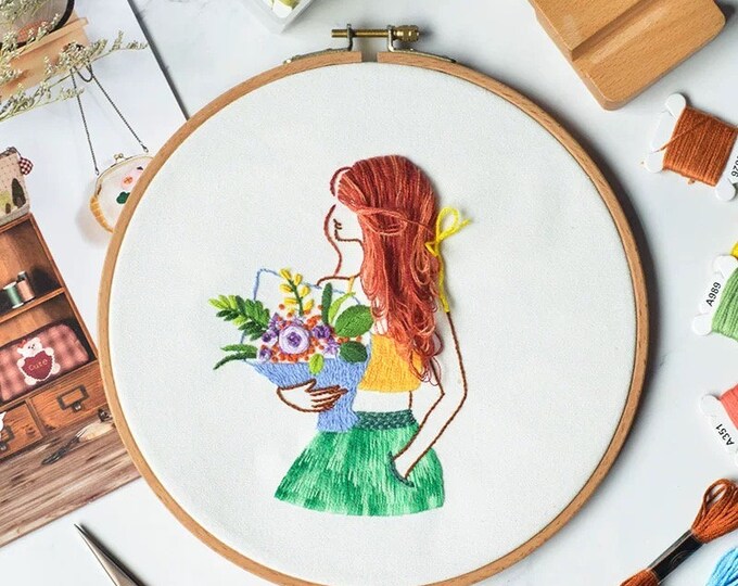 Portrait Embroidery Kit For Beginner| Modern Embroidery Kit with Pattern| Embroidery Hoop Plants |Craft Materials Included | Full DIY KIT