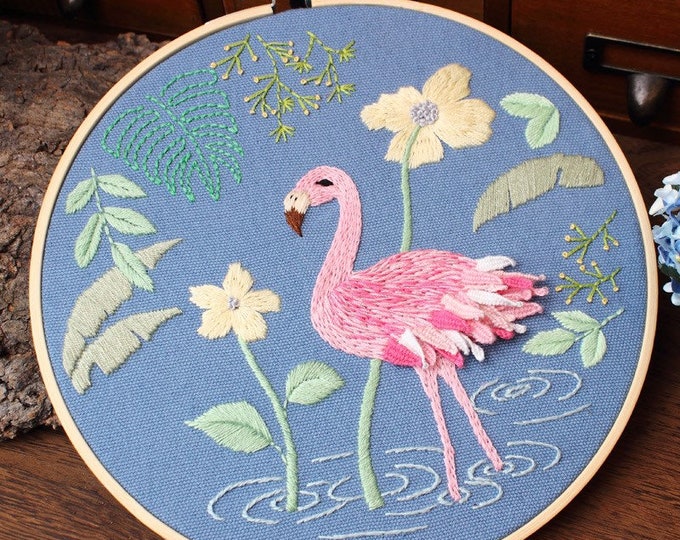 Embroidery Kit For Beginner| Modern Embroidery Kit with Pattern| Flamingo Embroidery Full Kit with Needlepoint Hoop| DIY Craft Kit