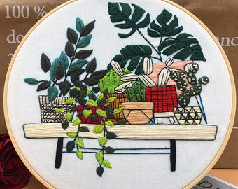 Embroidery Kit For Beginner| Modern Crewel Embroidery Kit with Pattern| Embroidery Hoop Plants |Craft Materials Included Full DIY KIT Plants