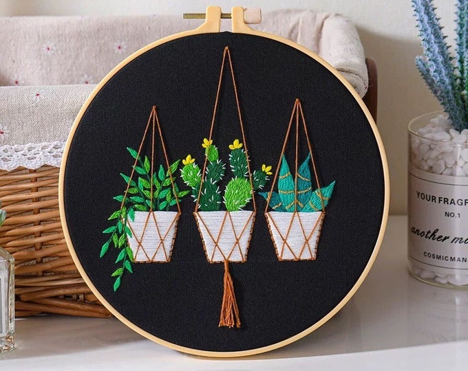 Embroidery Kit For Beginner| Modern Crewel Embroidery Kit with Pattern| Embroidery Hoop Plants |Craft Materials Included Full DIY KIT Plants