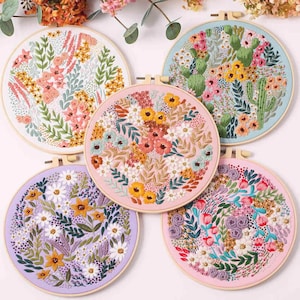 Embroidery Kit For Beginner| Modern Crewel Easy Embroidery Kit with Pattern| Embroidery Hoop Plants | Full Embroidery DIY KIT| Spring flower