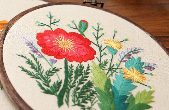 Thessaly Floral embroidery kit with beech hoop