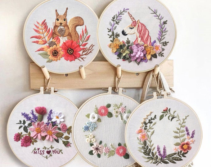 Embroidery Kit For Beginner| Modern Embroidery Kit with Pattern| Flowers Embroidery Full Kit with Needlepoint Hoop| DIY Craft Kit| Squirrel