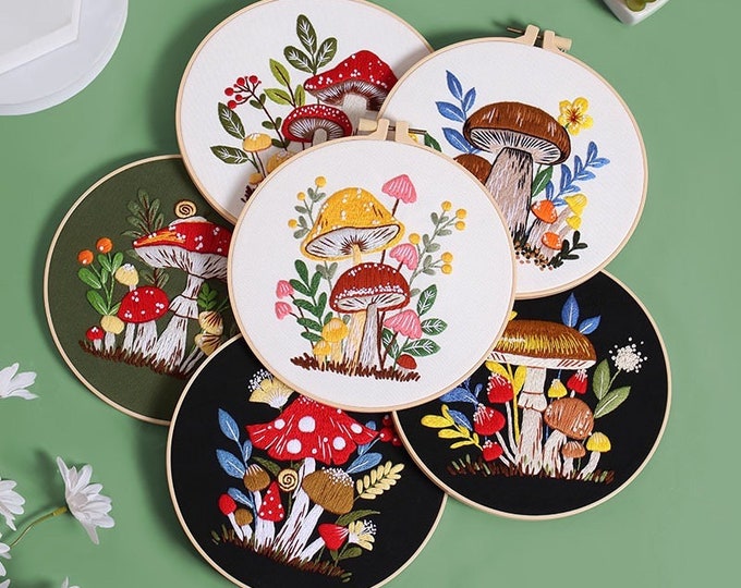 Embroidery Kit For Beginner| Modern Crewel Embroidery Kit with Pattern| Embroidery Hoop |Craft Materials Included Full DIY KIT | Mushrooms
