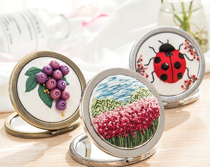 Mirror Embroidery Kit For Beginner | Modern Crewel Embroidery Kit with Pattern | Floral Compacts Mirrors | Needlepoint Hoop| DIY Craft Kit