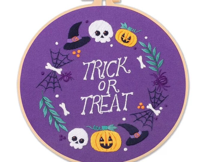 Trick Or Treat Embroidery Kit For Beginner | Modern Crewel Embroidery Kit with Pattern |Floral Embroidery | Needlepoint Hoop|DIY Craft Kit