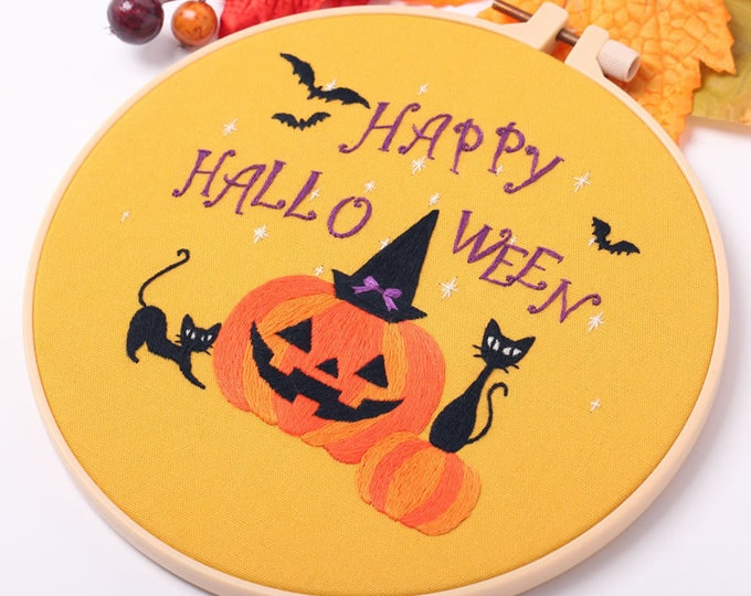 Happy Halloween Embroidery Kit: Modern Floral Crewel, Beginner DIY