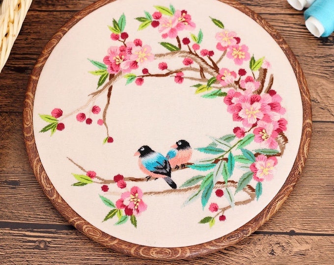 Embroidery Kit For Beginner|Modern Crewel Embroidery Kit with Pattern| Embroidery Hoop Cherry Blossom |Craft Materials Included Full DIY KIT