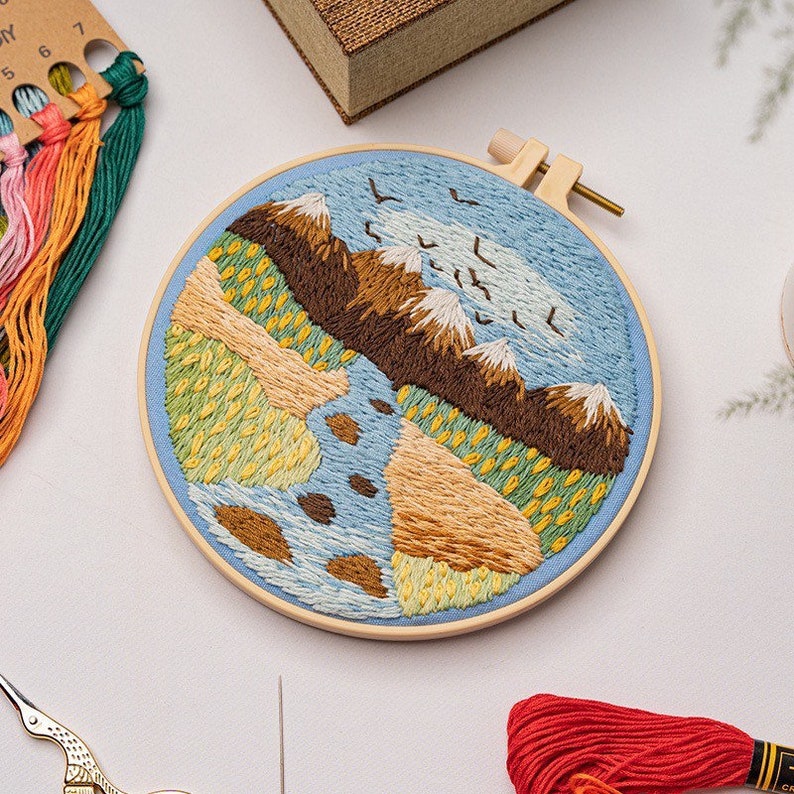 Embroidery Kit For Beginner Modern Crewel Embroidery Kit with Pattern Embroidery Hoop Plants Full Embroidery DIY KIT Landscape Pattern 6