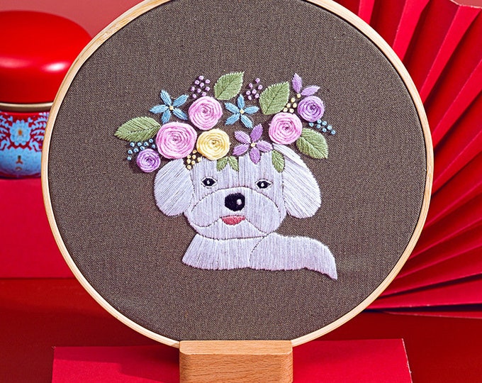 Embroidery Kit For Beginner| Modern Embroidery Kit with Pattern| Pet Embroidery Full Kit with Needlepoint Hoop| DIY Craft Kit Dog Pattern