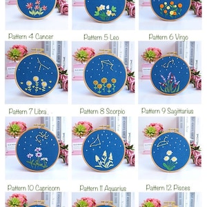 12 Horoscopes Zodiac Embroidery Kit For Beginner|Modern Embroidery Kit with Pattern Flowers Embroidery Full Kit with Wood Hoop DIY Craft Kit