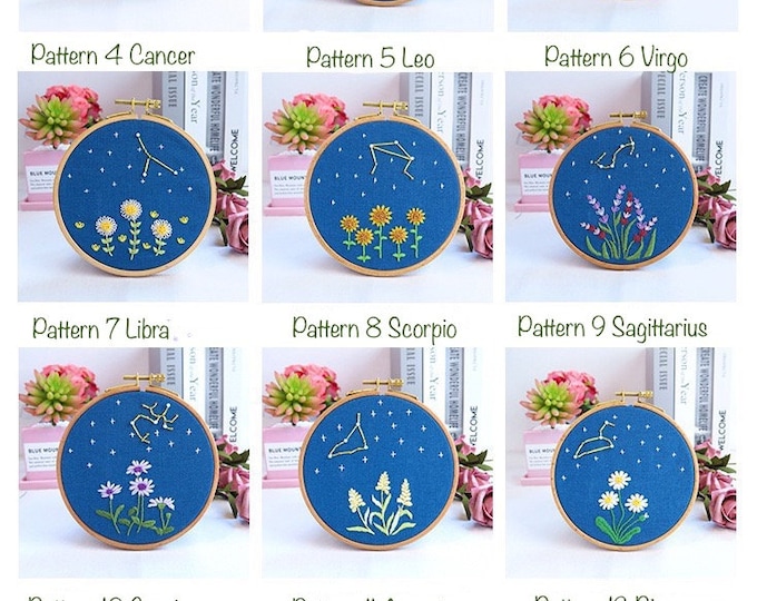 12 Horoscopes Zodiac Embroidery Kit For Beginner|Modern Embroidery Kit with Pattern Flowers Embroidery Full Kit with Wood Hoop DIY Craft Kit
