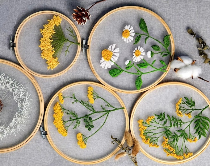 Plants Transparent Embroidery Kit for Beginner,Flower diy Kit, Beginner Hand Embroidery Full Kit ,Diy Start Up Embroidery Set with Pattern