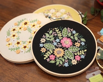 Floral Beginner Embroidery Kit | Modern Flower Plant Hand Embroidery Full Kit | DIY Floral Needlepoint Hoop Wall Art Kit | Wall Decor