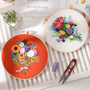 Embroidery Kit For Beginner | Modern Crewel Embroidery Kit with Pattern | Floral  Embroidery Full Kit with Needlepoint Hoop| DIY Craft Kit