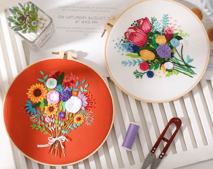 Embroidery Kit For Beginner | Modern Crewel Embroidery Kit with Pattern | Floral  Embroidery Full Kit with Needlepoint Hoop| DIY Craft Kit