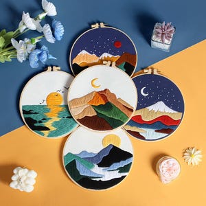Embroidery Kit For Beginner| Modern Crewel Embroidery Kit with Pattern| Embroidery Hoop Plants | Full Embroidery DIY KIT | Landscape
