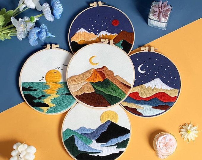 Embroidery Kit For Beginner| Modern Crewel Embroidery Kit with Pattern| Embroidery Hoop Plants | Full Embroidery DIY KIT | Landscape
