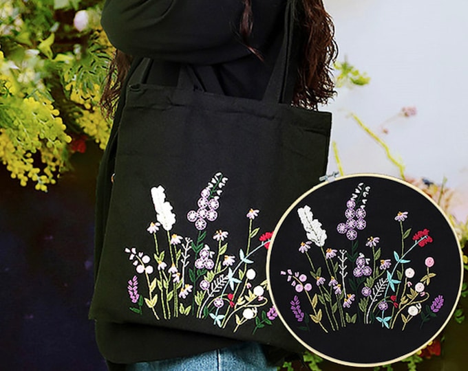 Embroidery Kit Canvas Bag| Modern Flower Pattern | Hand Embroidery Kit | Beginner Canvas Tote Bag|Go Green Eco-Friendly DIY Embroidered Tote