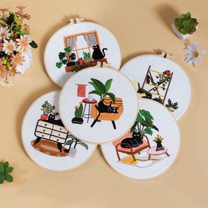Katzen Stickdatei Set: Modernes florales Crewel Design, für Anfänger