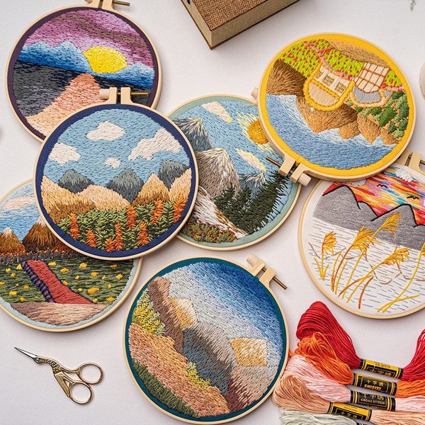 Embroidery Kit For Beginner| Modern Crewel Embroidery Kit with Pattern| Embroidery Hoop Plants | Full Embroidery DIY KIT | Landscape