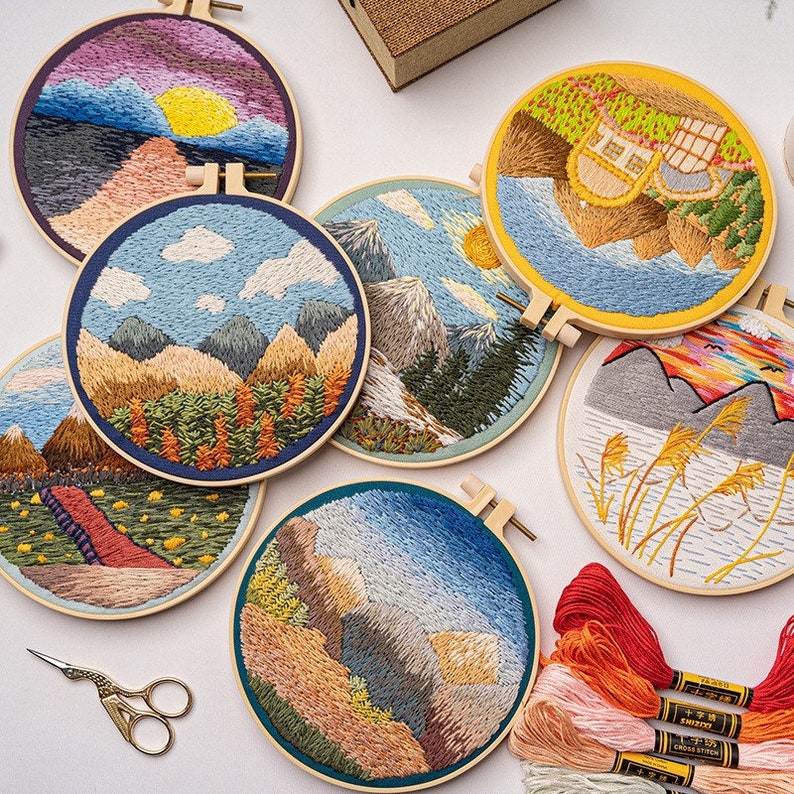 Embroidery Kit For Beginner Modern Crewel Embroidery Kit with Pattern Embroidery Hoop Plants Full Embroidery DIY KIT Landscape image 1