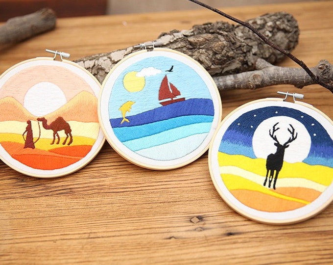 Embroidery Kit For Beginner| Modern Crewel Embroidery Kit with Pattern| Embroidery Hoop |Craft Materials Included | Full DIY KIT  Reindeer