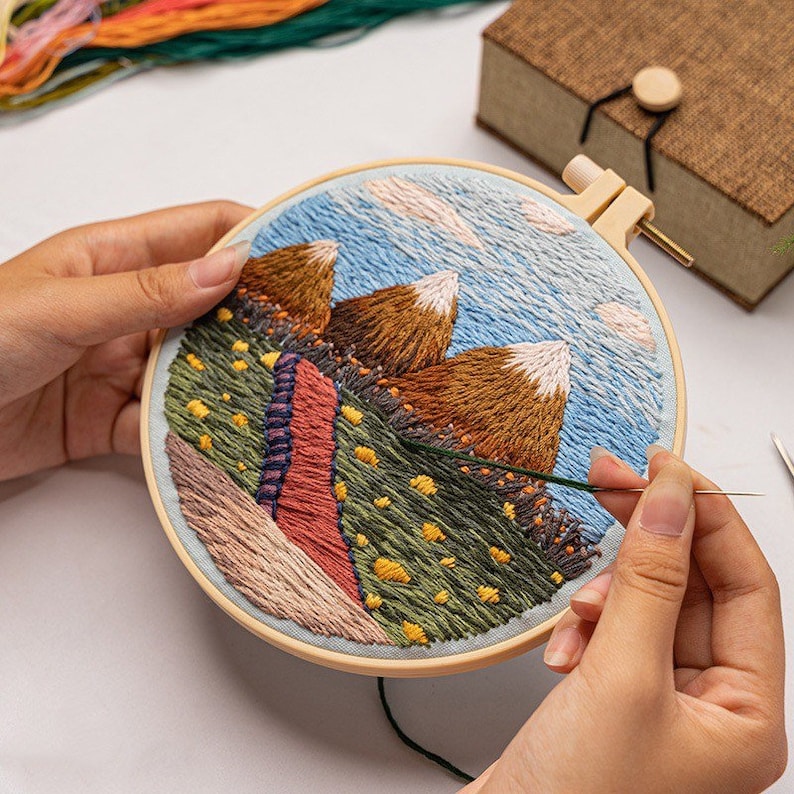 Embroidery Kit For Beginner Modern Crewel Embroidery Kit with Pattern Embroidery Hoop Plants Full Embroidery DIY KIT Landscape Pattern 8