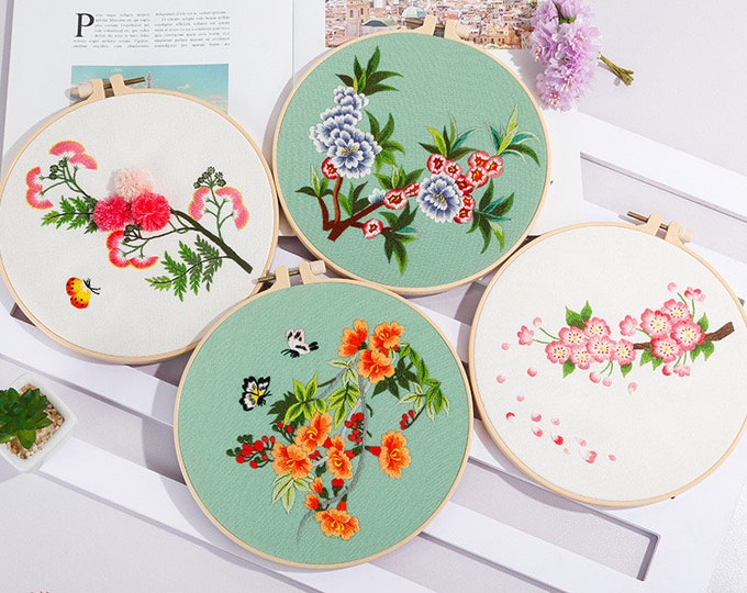Embroidery Kit For Beginner| Modern Embroidery Kit with Pattern| Flowers Embroidery Full Kit with Needlepoint Hoop| DIY Craft Kit Flowers