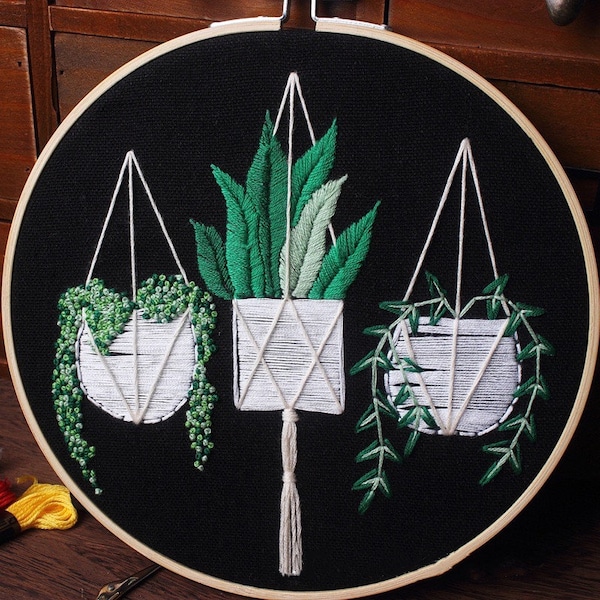 Embroidery Kit For Beginner| Modern Crewel Embroidery Kit with Pattern| Embroidery Hoop Plants |Craft Materials Included Full DIY KIT Plants