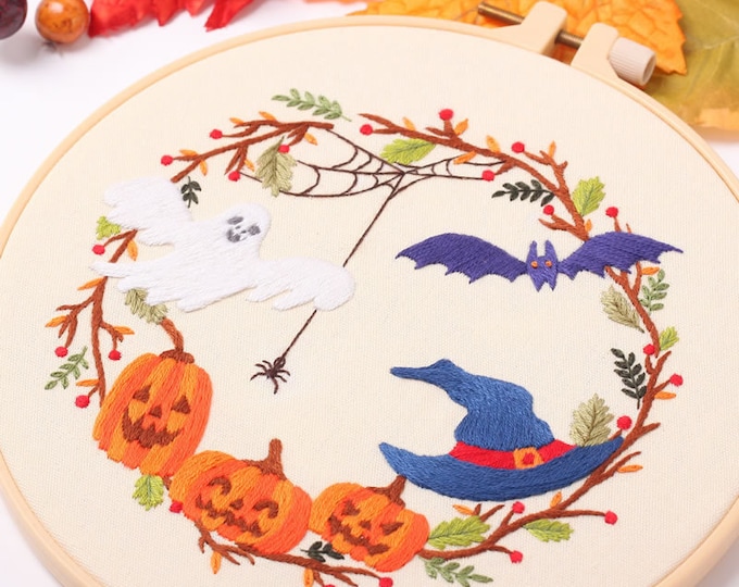 Happy Halloween Embroidery Kit For Beginner | Modern Crewel Embroidery Kit with Pattern | Floral Embroidery | Needlepoint Hoop|DIY Craft Kit