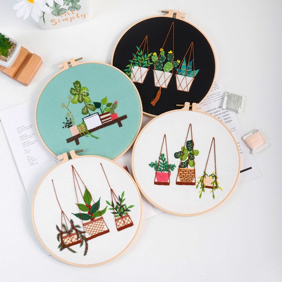 DIY Cat and Books Embroidery Kit House Plant Hoop Art Hanging Plants  Embroidery Beginner 6 Inch Hoop Adult Craft Kit 
