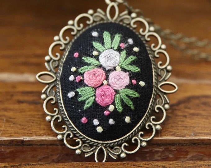 Beginner Embroidery Kit necklace | Embroidered jewelry decor|Embroidered pendant|Handmade embroidery necklace|embroidery chain|gifts for her