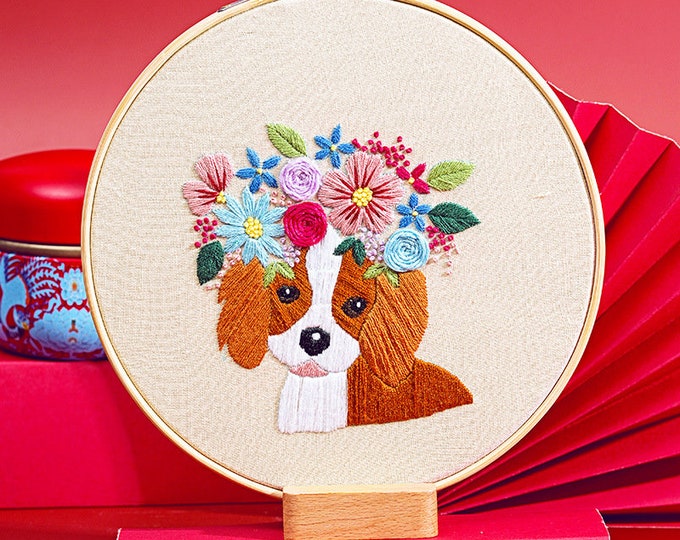 Embroidery Kit For Beginner| Modern Embroidery Kit with Pattern| Pet Embroidery Full Kit with Needlepoint Hoop| DIY Craft Kit Dog Pattern