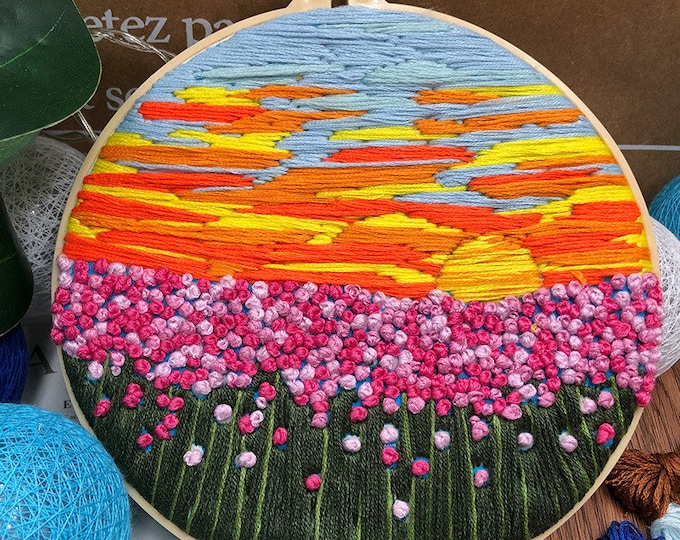 DIY Embroidery Kit, Sunset Beginner Embroidery kit, Modern embroidery kit cross stitch, Full Hand Embroidery Kit, Needlepoint, DIY Craft Kit