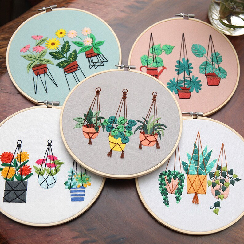 Embroidery Kit For Beginner Modern Crewel Embroidery Kit with Pattern Floral Embroidery Full Kit with Needlepoint Hoop DIY Craft Kit image 2