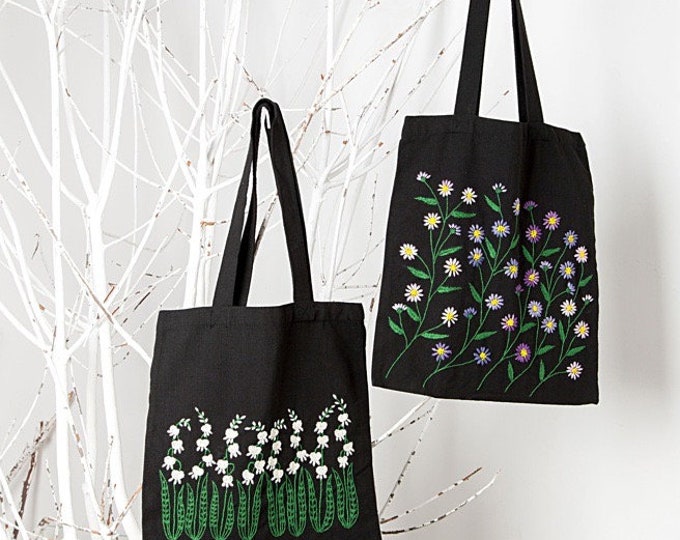 Embroidery Kit Canvas Bag|Modern Flower Pattern Hand Embroidery Kit|Beginner Canvas Tote Bag|Go Green Eco-Friendly DIY Embroidered Tote bag