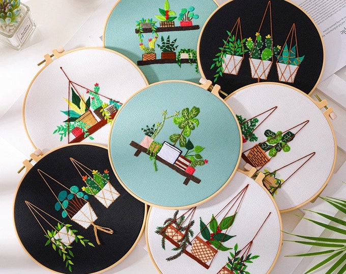 Embroidery Kit For Beginner| Modern Crewel Embroidery Kit with Pattern| Embroidery Hoop Plants |Craft Materials Included Full DIY KIT Plants