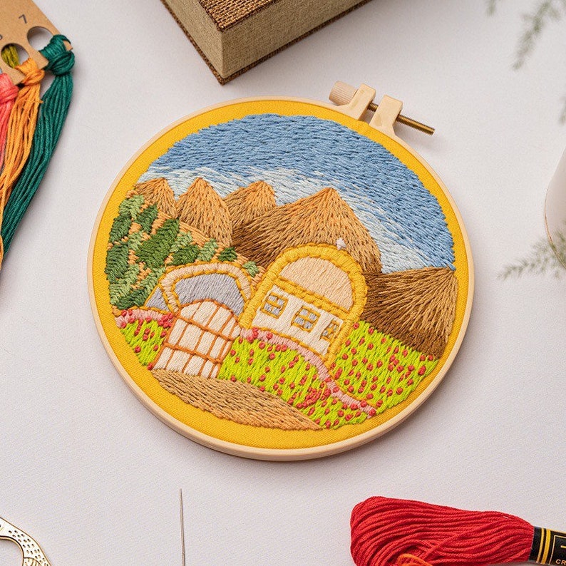 Embroidery Kit For Beginner Modern Crewel Embroidery Kit with Pattern Embroidery Hoop Plants Full Embroidery DIY KIT Landscape Pattern 4