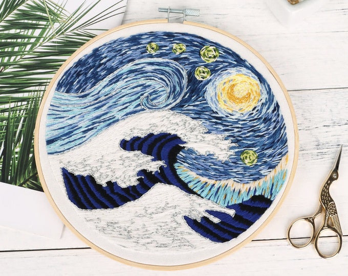 Van Gogh Starry Night Embroidery Kit For Beginner| Modern Embroidery Kit with Pattern|Embroidery Kit with Needlepoint Hoop| DIY Craft Kit