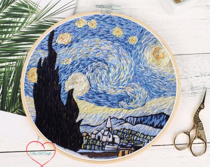 Van Gogh Starry Night Embroidery Kit For Beginner| Modern Embroidery Kit with Pattern|Embroidery Kit with Needlepoint Hoop| DIY Craft Kit