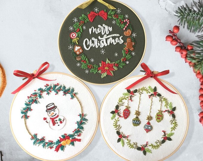 Christmas Wreath Embroidery Full Kit for Beginners|DIY Craft Kit Adult| Christmas Hand Embroidery Supplies|DIY Hoop Art-8 Inches